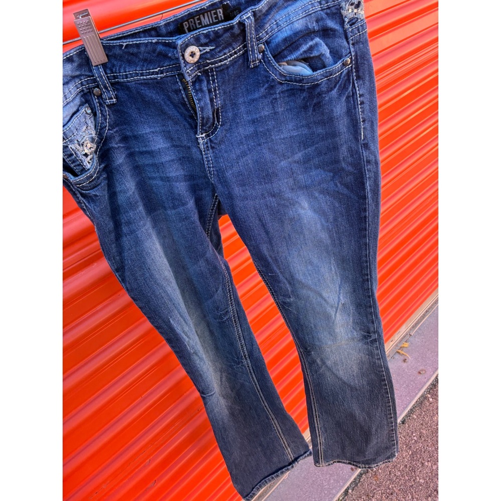 Premiere by rue21 Womens 7/8S Bootcut Jeans Blue Lace Sequin Distressed Y2K